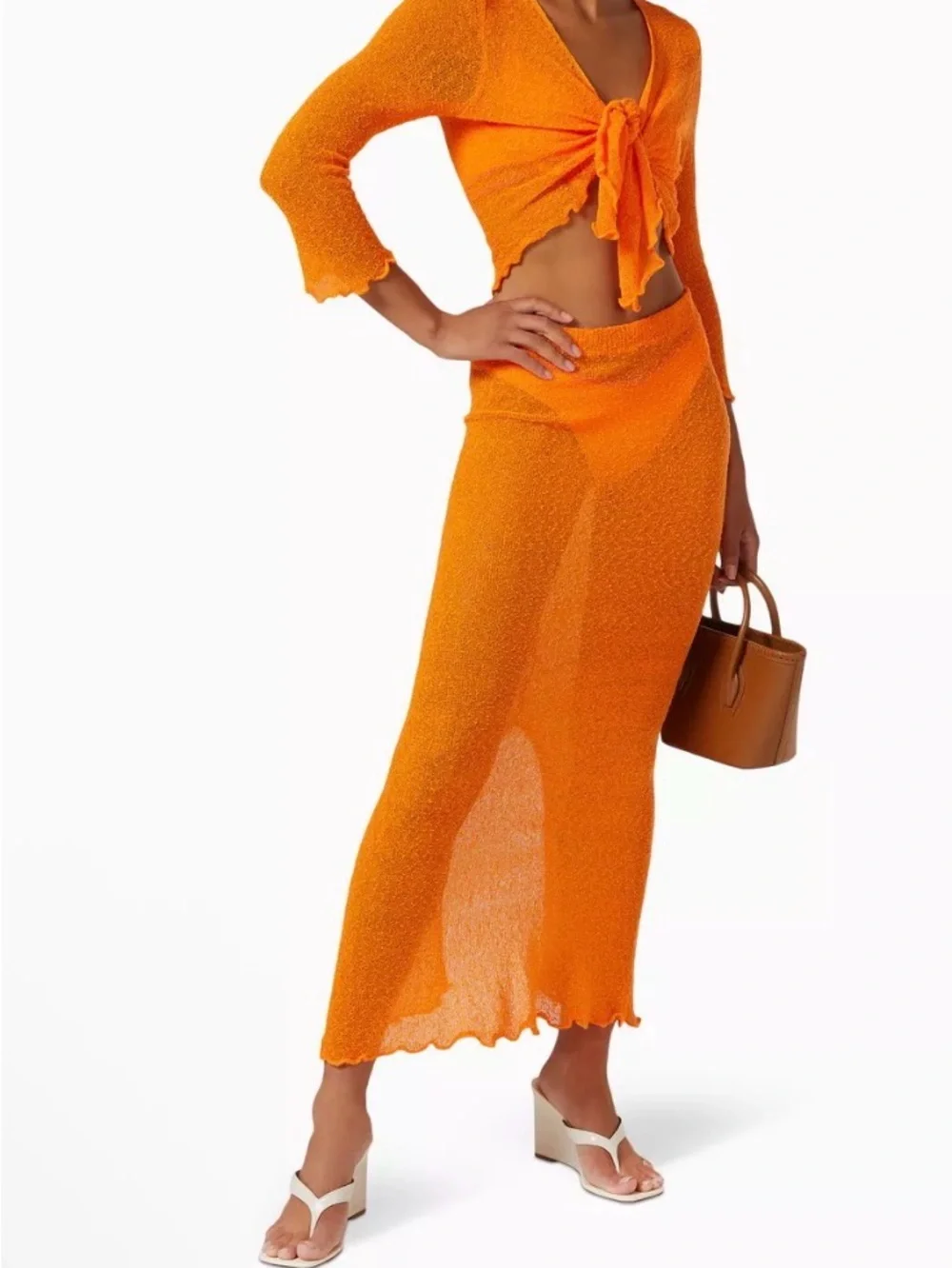 Frankie's Bikinis Bright Orange Sheer Knit Cardigan & Skirt Set